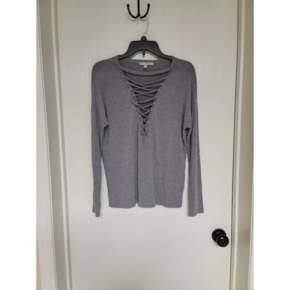 ~ womens grey express one eleven long sleeve shirt with open v neck - size xs